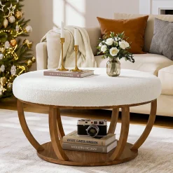 31.5" Round Coffee Table, Modern Footrest Ottoman Center Table with Solid Wood Frame