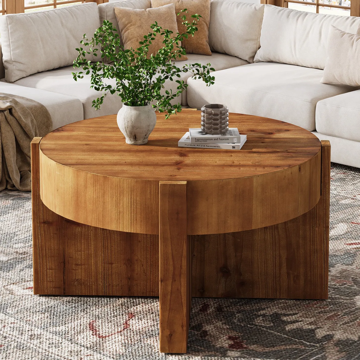 31.5" Round Coffee Table, Solid Wood Center Table with X-Shaped Legs