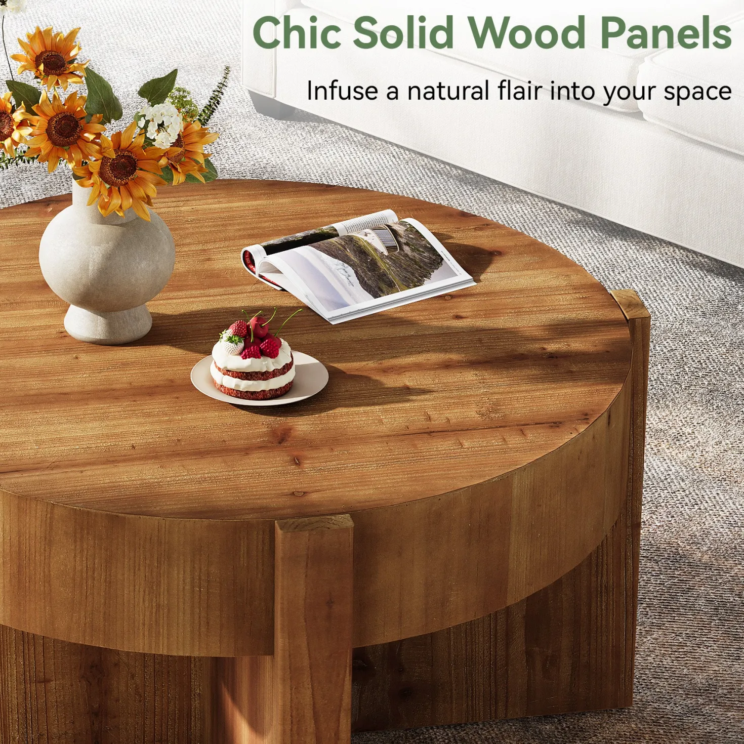 31.5" Round Coffee Table, Solid Wood Center Table with X-Shaped Legs
