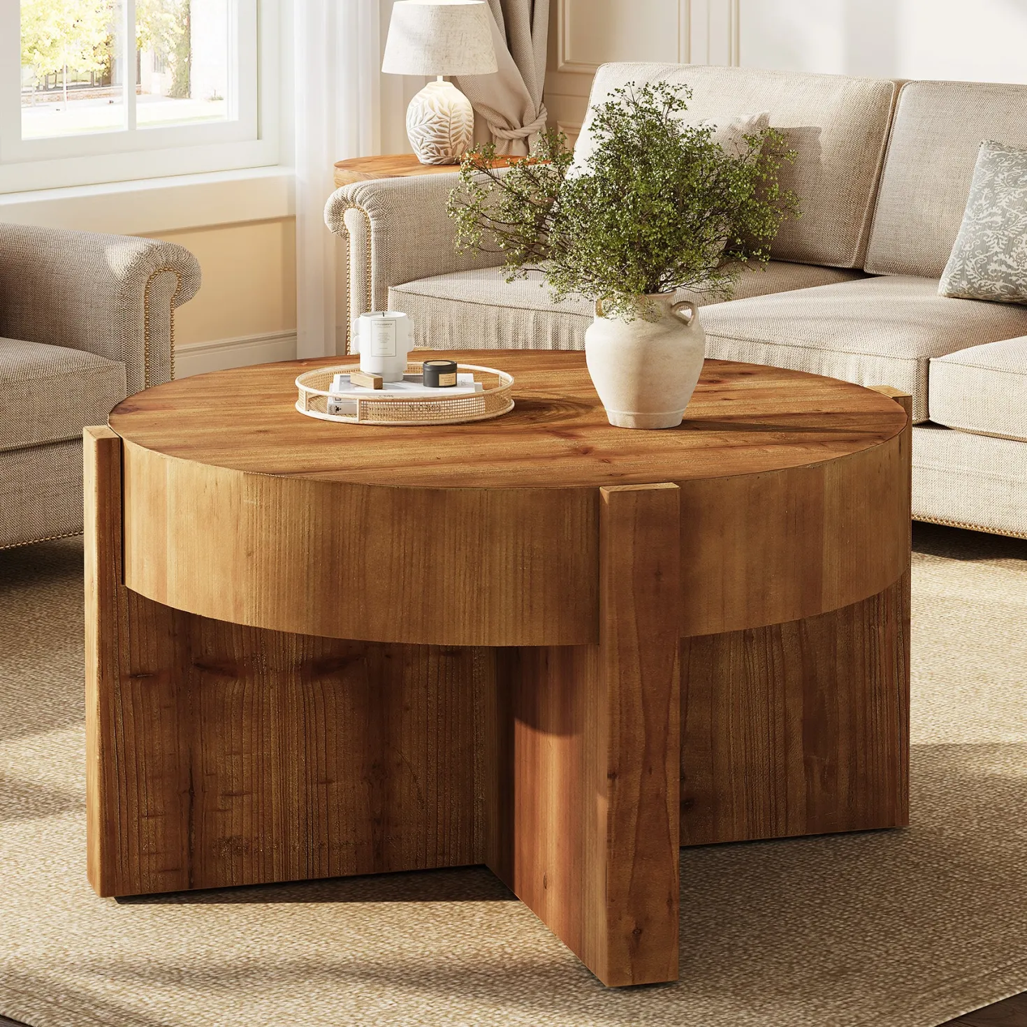 31.5" Round Coffee Table, Solid Wood Center Table with X-Shaped Legs