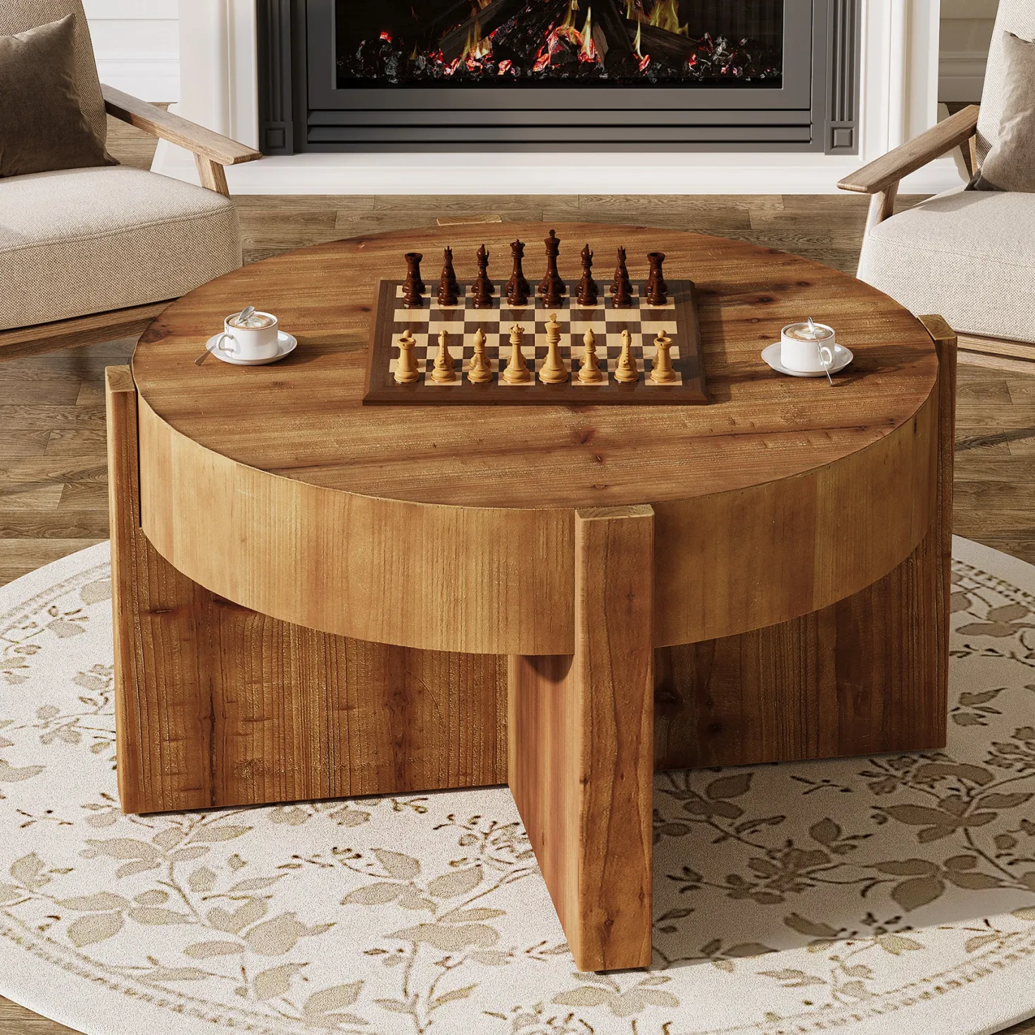 31.5" Round Coffee Table, Solid Wood Center Table with X-Shaped Legs