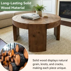 31.5" Round Coffee Table, Solid Wood Farmhouse Center Cocktail Tea Table for Living Room