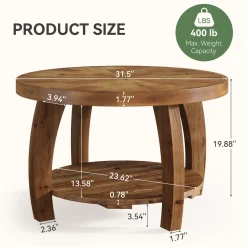 31.5" Round Coffee Table, 2-Tier Solid Wood Center Table with Mosaic Pattern