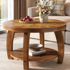 31.5" Round Coffee Table, 2-Tier Solid Wood Center Table with Mosaic Pattern