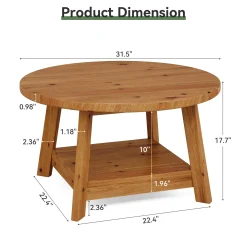 31.5" Round Coffee Table, 2-Tier Solid Wood Center Cocktail Accent Table