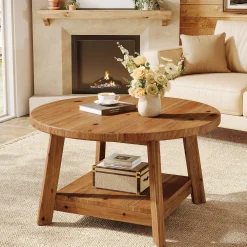 31.5" Round Coffee Table, 2-Tier Solid Wood Center Cocktail Accent Table