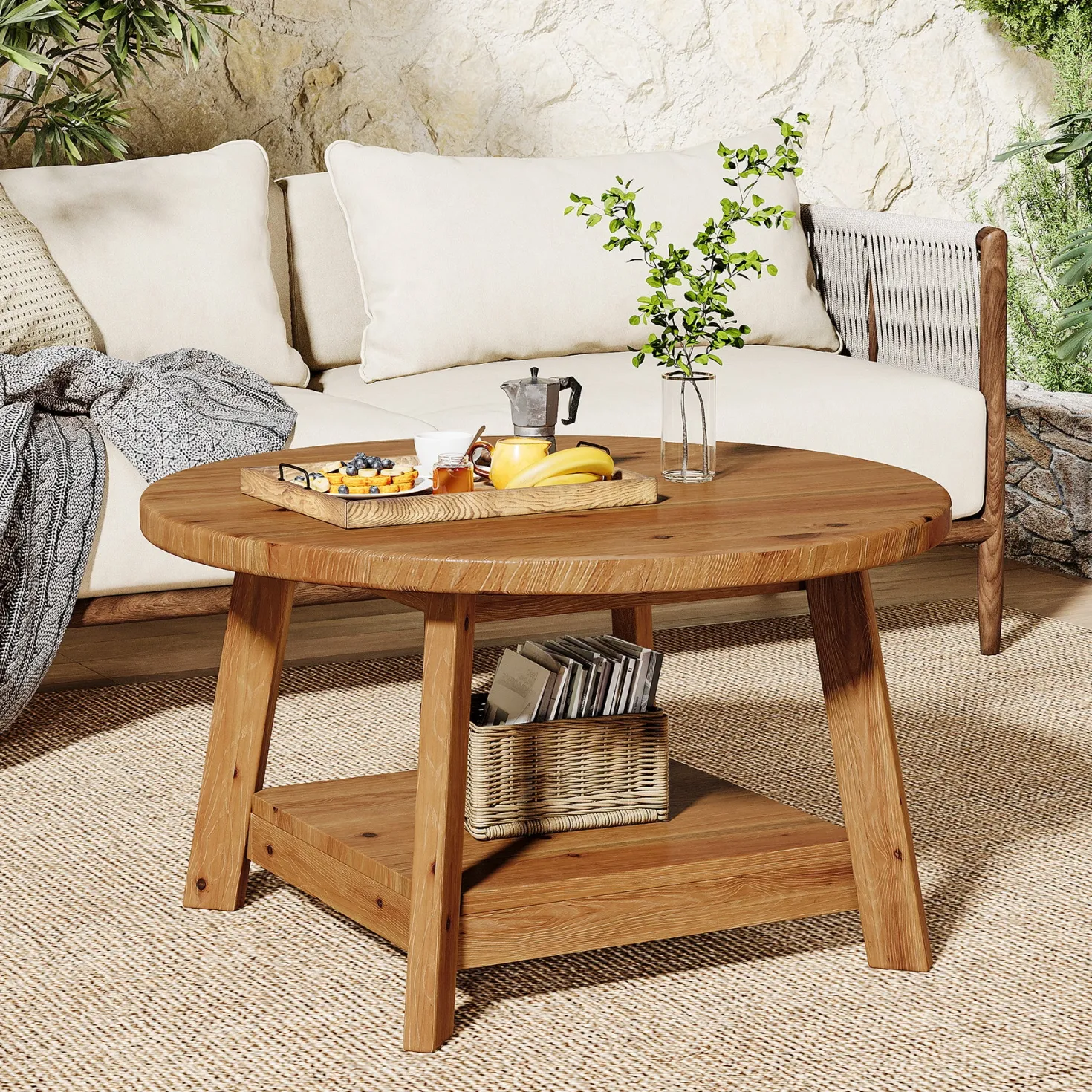31.5" Round Coffee Table, 2-Tier Solid Wood Center Cocktail Accent Table