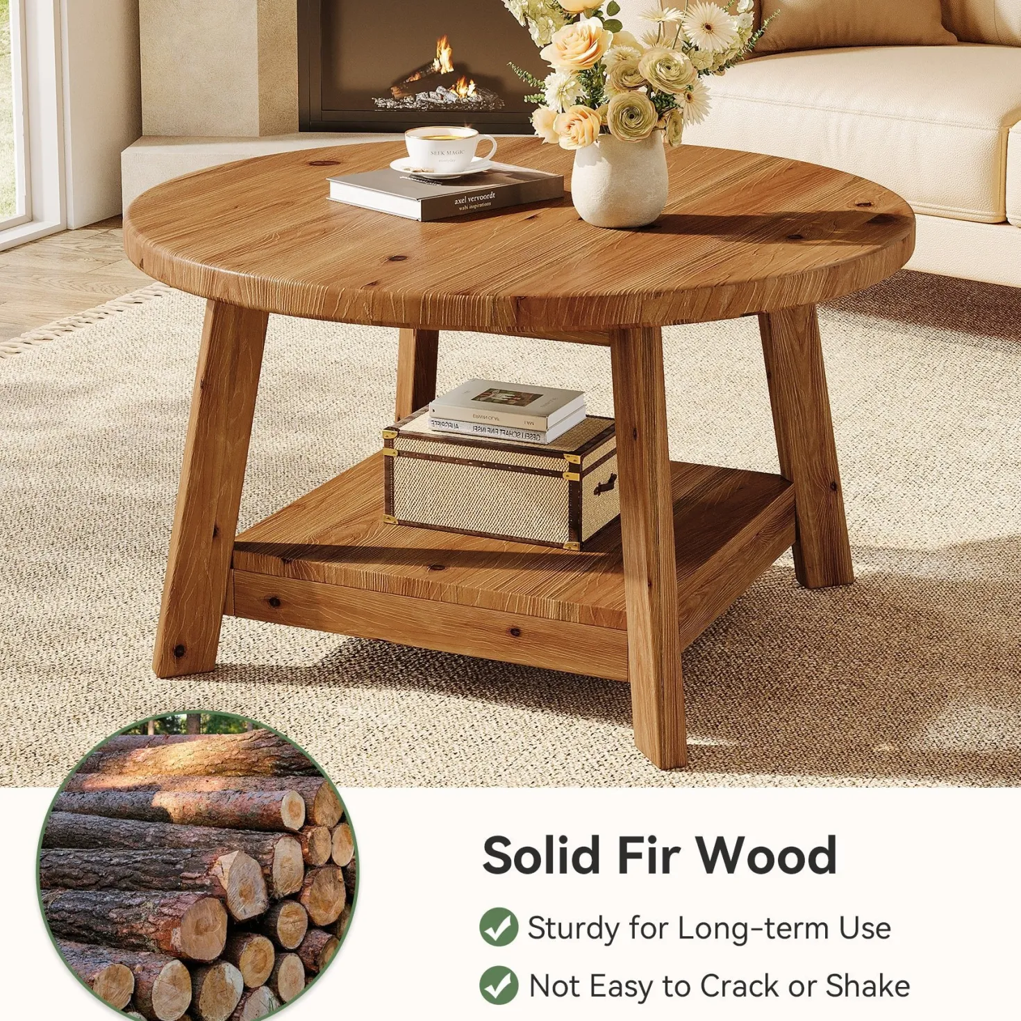 31.5" Round Coffee Table, 2-Tier Solid Wood Center Cocktail Accent Table