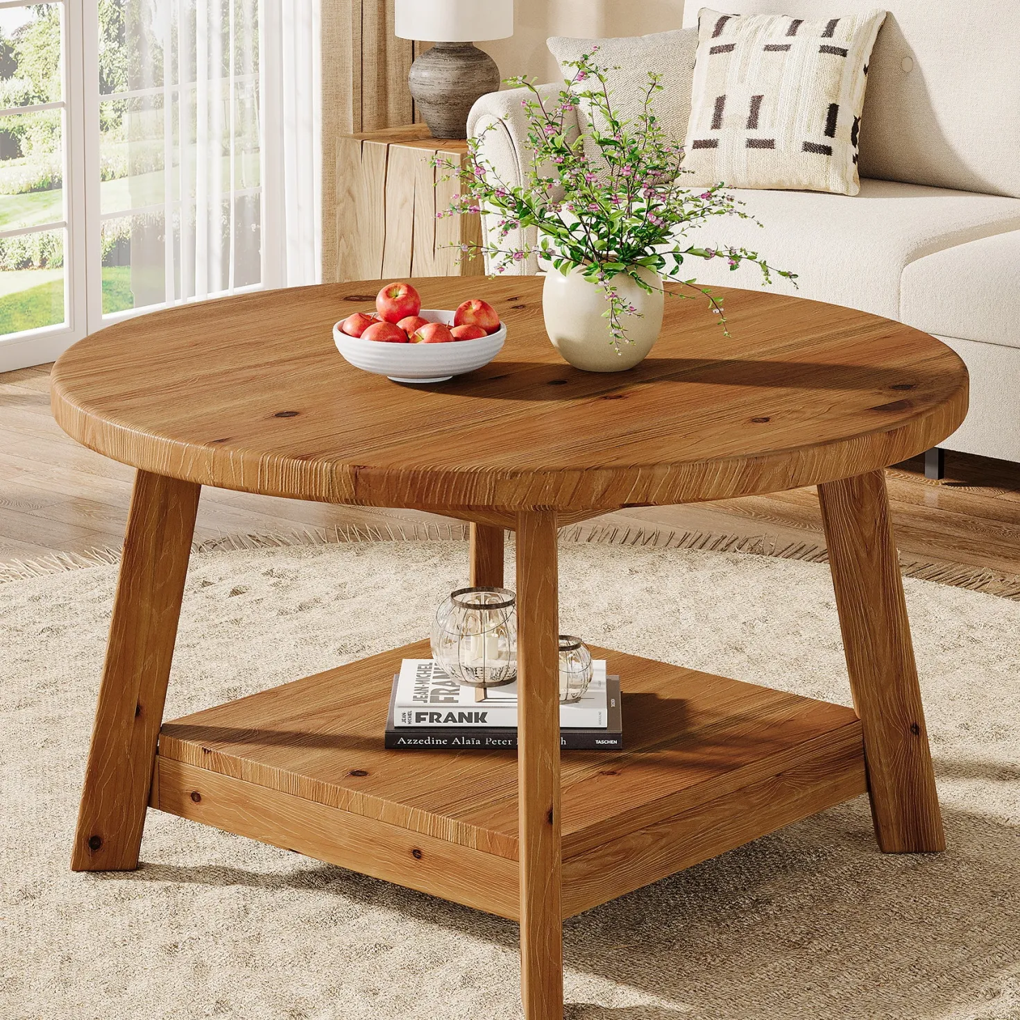 31.5" Round Coffee Table, 2-Tier Solid Wood Center Cocktail Accent Table