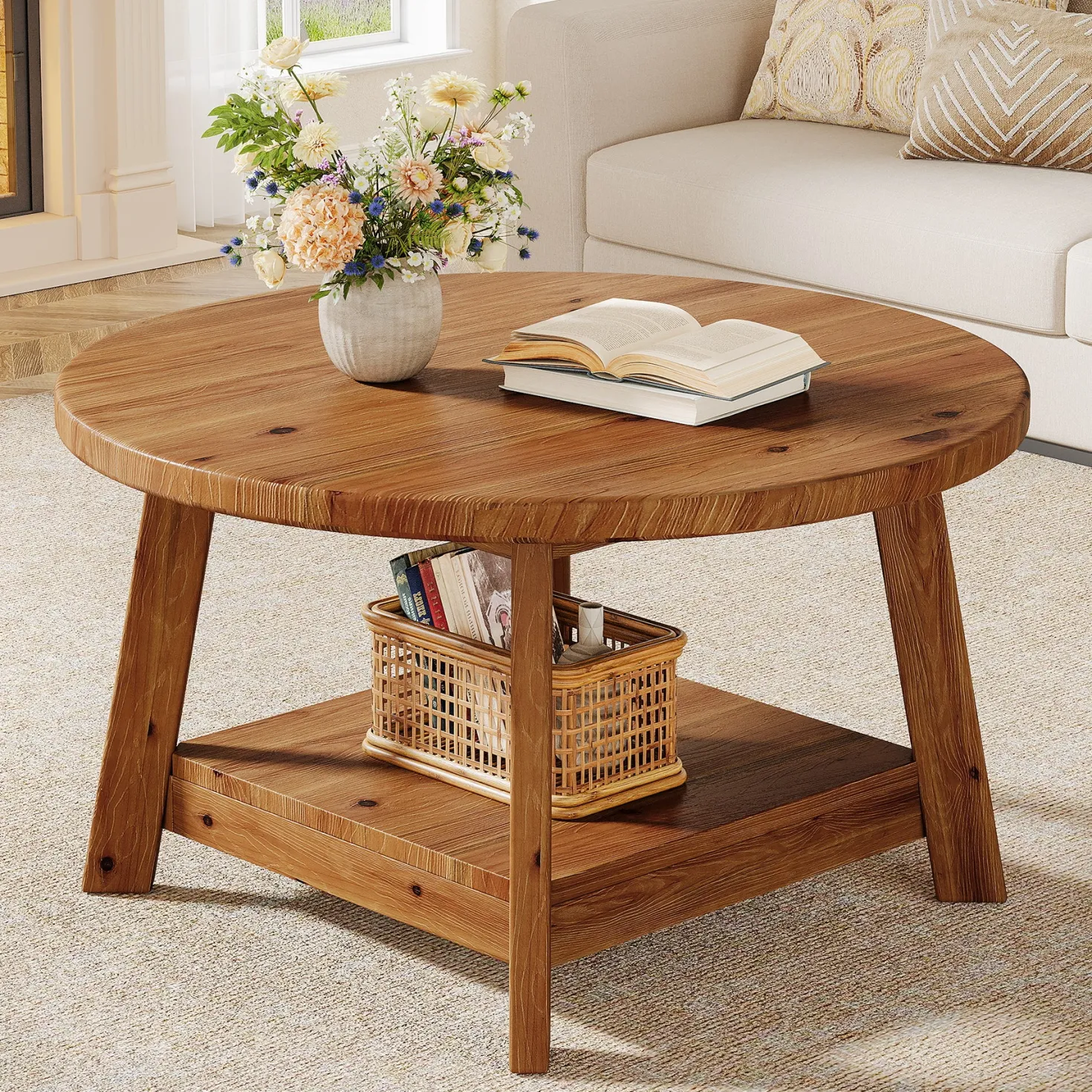 31.5" Round Coffee Table, 2-Tier Solid Wood Center Cocktail Accent Table