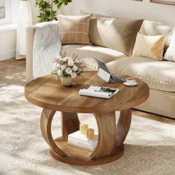 31.5" Round Coffee Table, 2-Tier Wooden Center Table with Storage