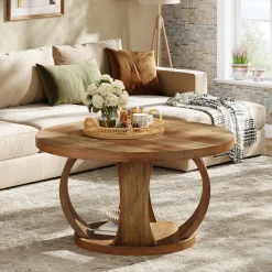 31.5" Round Coffee Table, 2-Tier Wooden Center Table with Storage