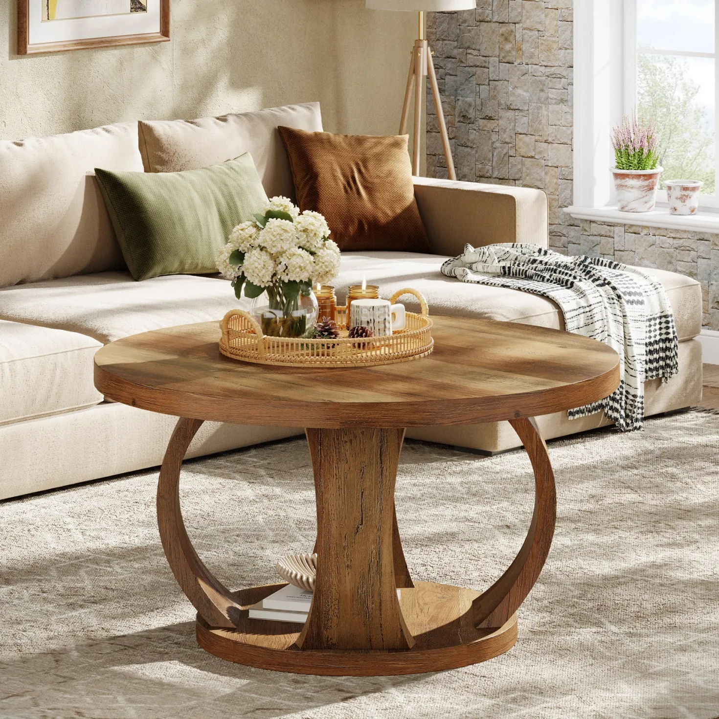 31.5" Round Coffee Table, 2-Tier Wooden Center Table with Storage
