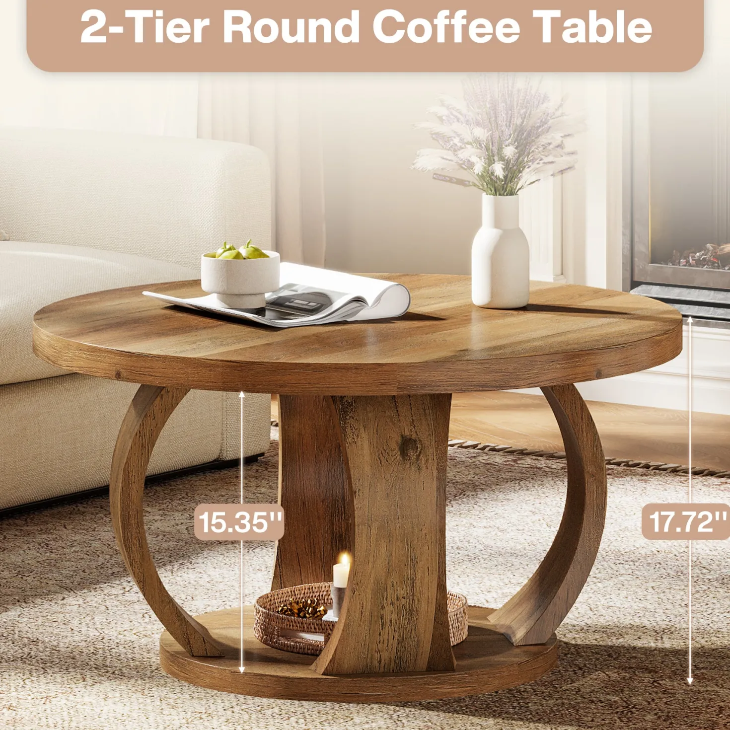 31.5" Round Coffee Table, 2-Tier Wooden Center Table with Storage