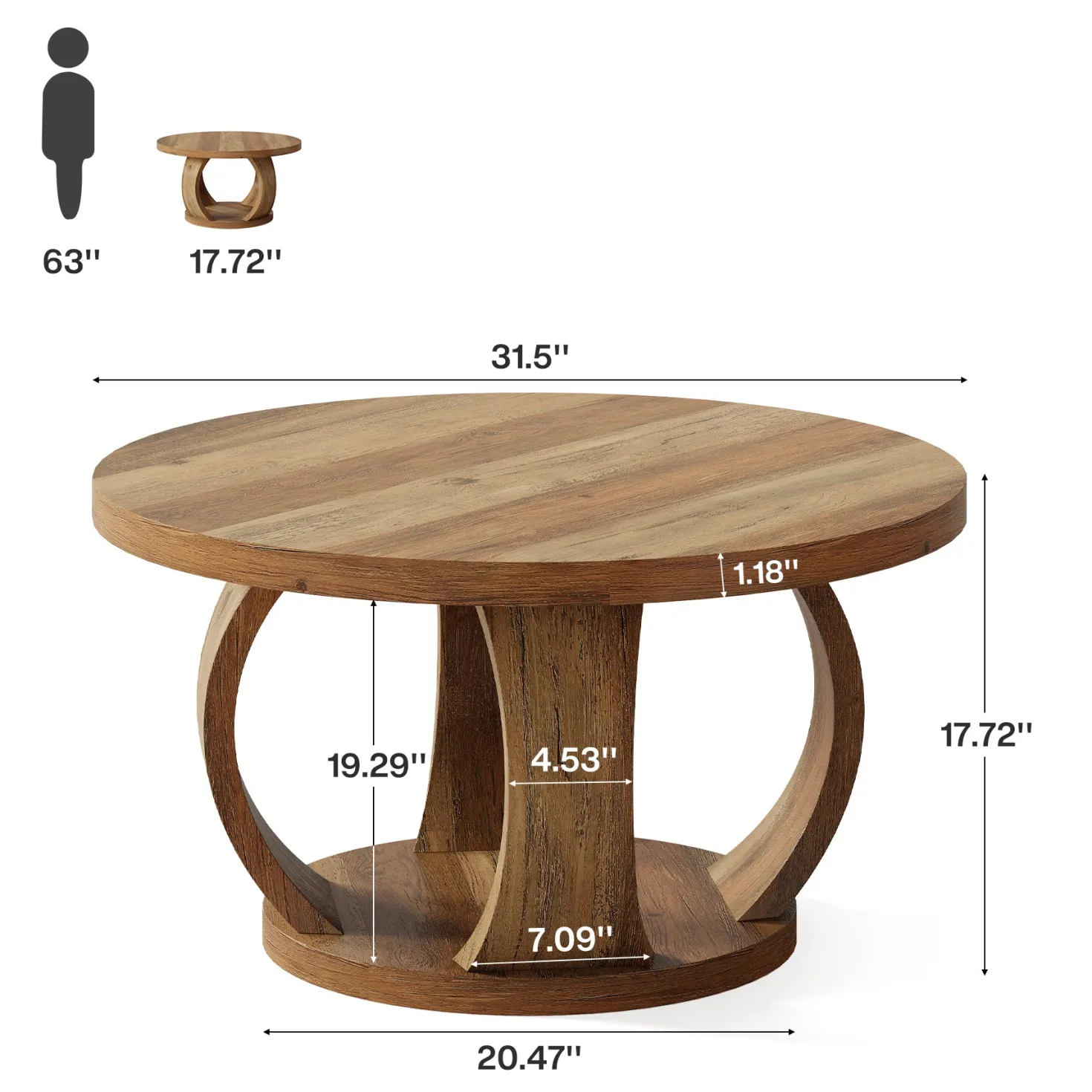 31.5" Round Coffee Table, 2-Tier Wooden Center Table with Storage