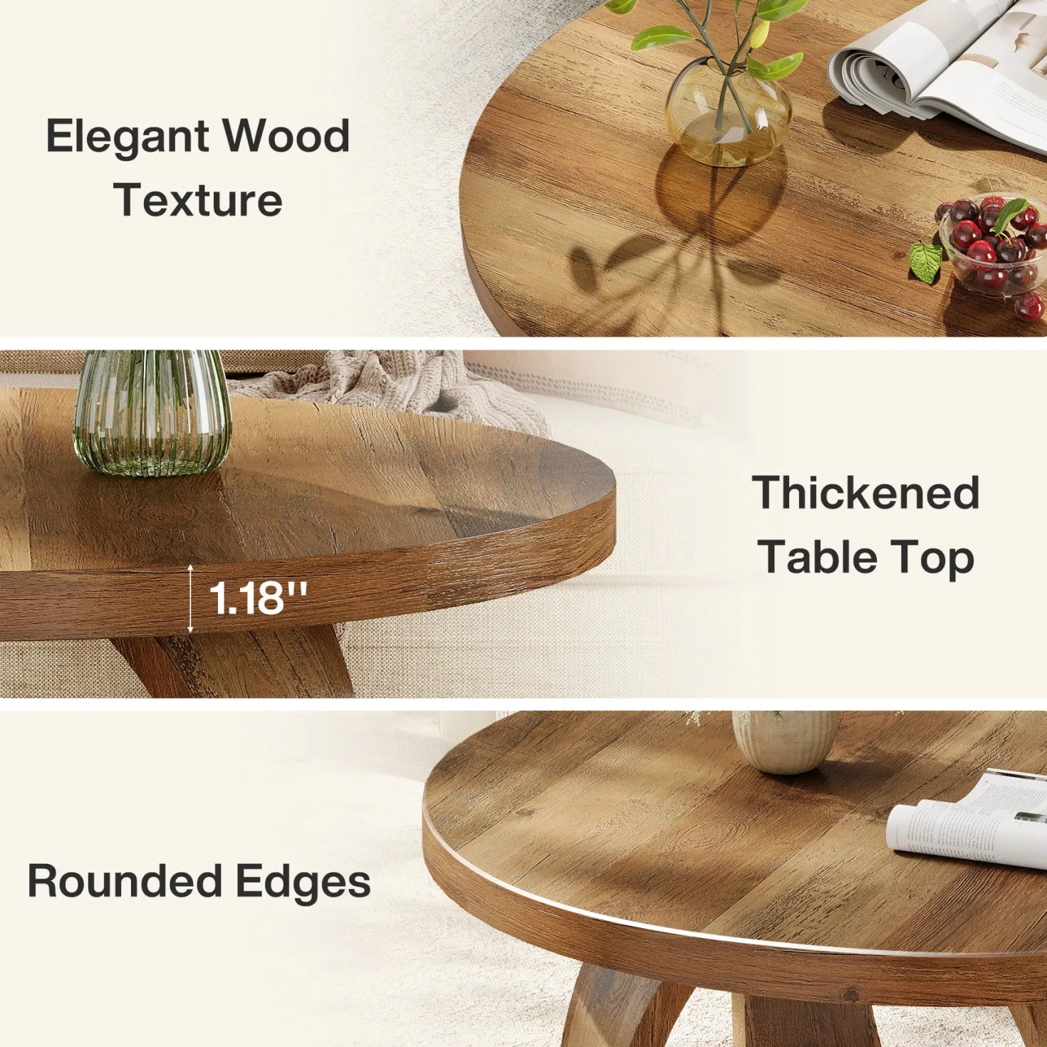 31.5" Round Coffee Table, 2-Tier Wooden Center Table with Storage