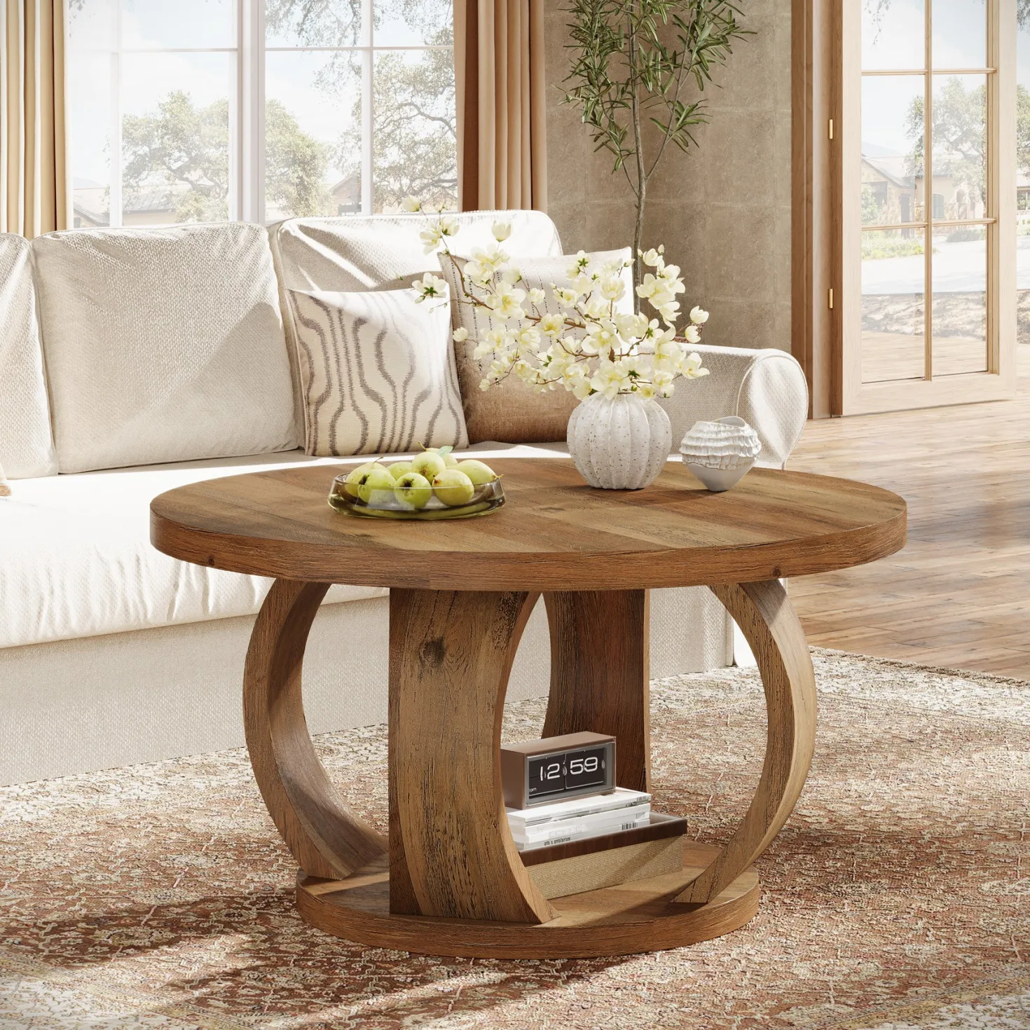 31.5" Round Coffee Table, 2-Tier Wooden Center Table with Storage