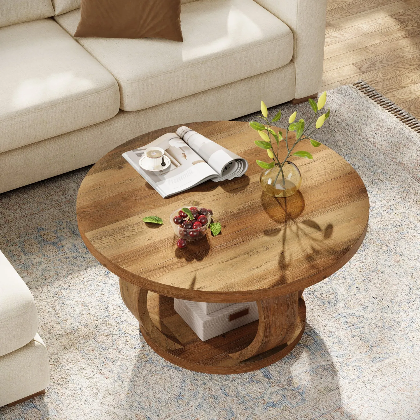 31.5" Round Coffee Table, 2-Tier Wooden Center Table with Storage