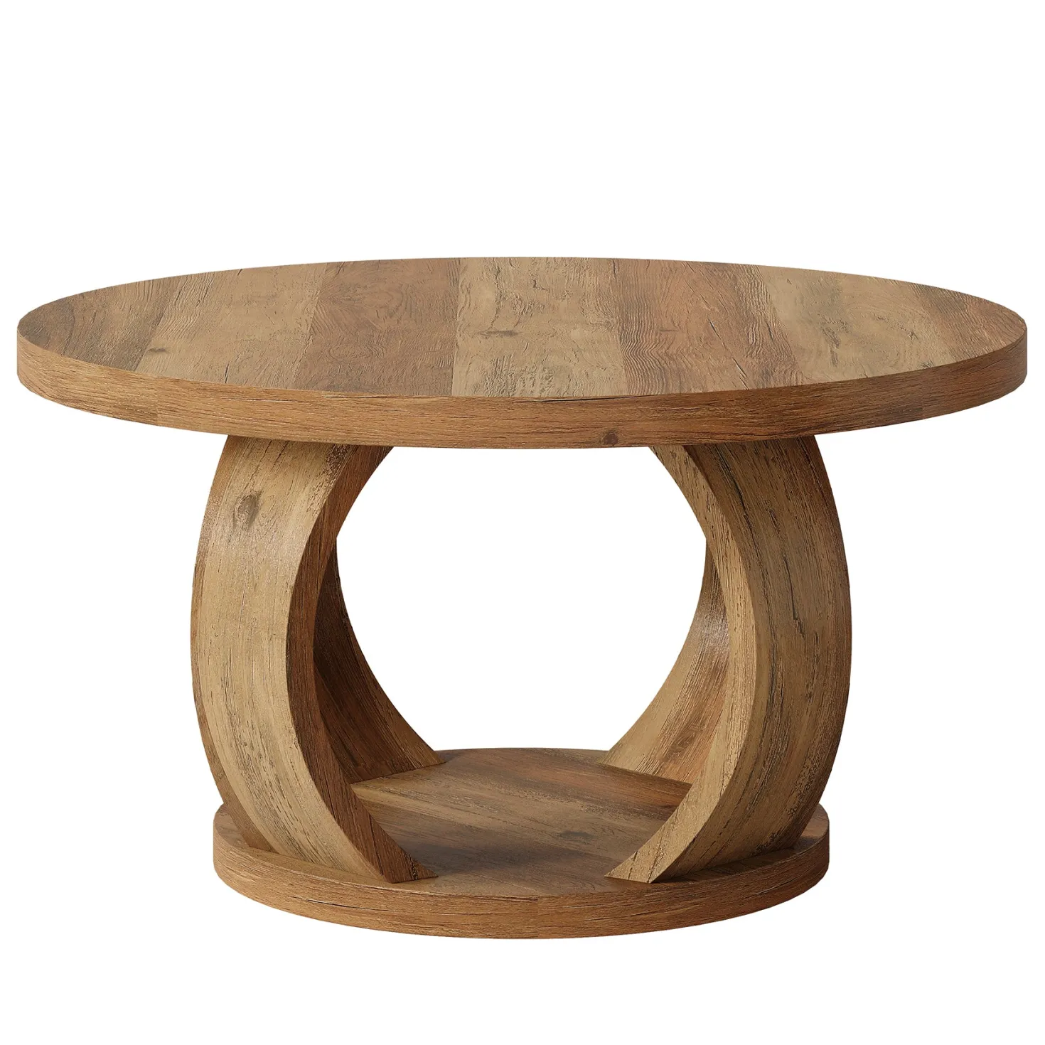 31.5" Round Coffee Table, 2-Tier Wooden Center Table with Storage