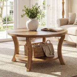 31.5" Round Coffee Table with Storage Shelf, Farmhouse Wooden Center Table for Living Room