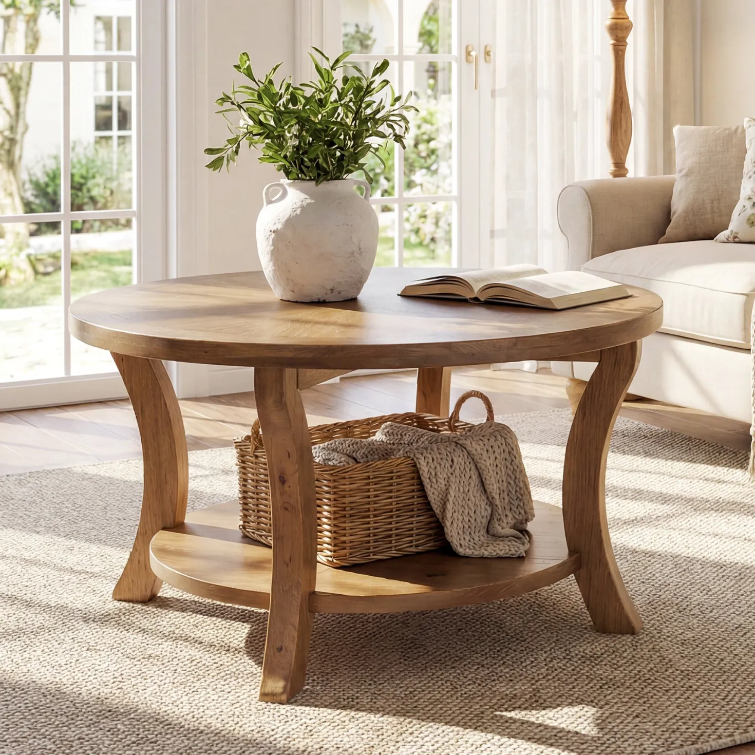 31.5" Round Coffee Table with Storage Shelf, Farmhouse Wooden Center Table for Living Room