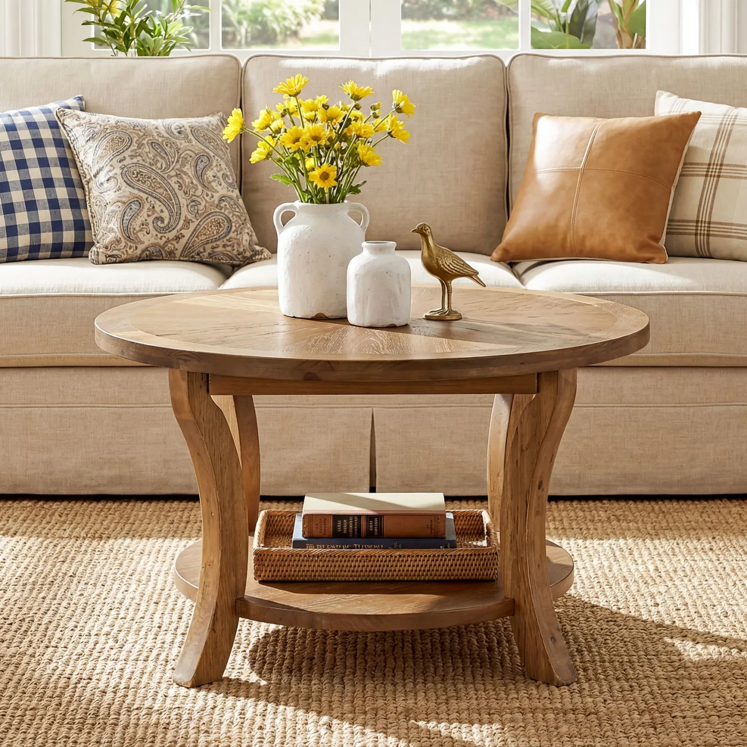 31.5" Round Coffee Table with Storage Shelf, Farmhouse Wooden Center Table for Living Room