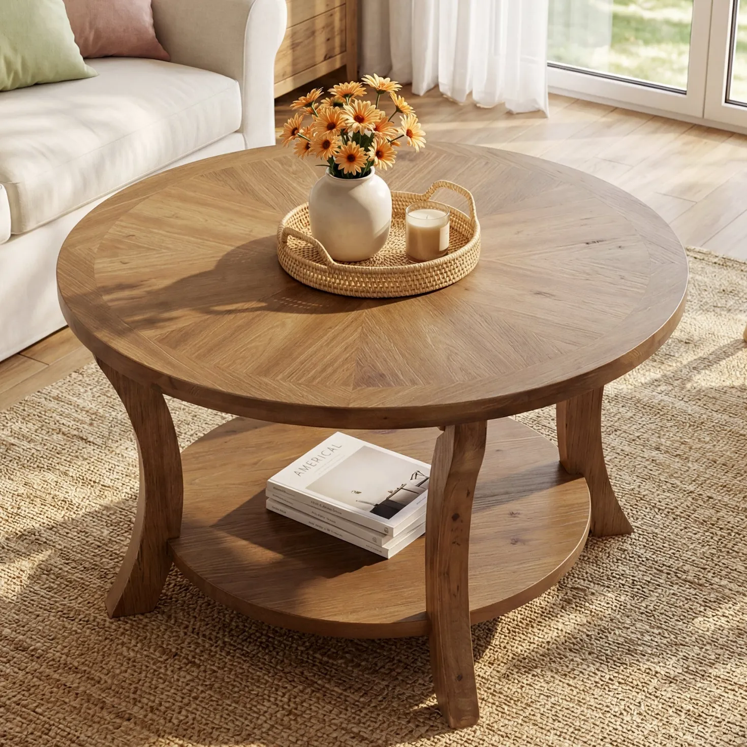 31.5" Round Coffee Table with Storage Shelf, Farmhouse Wooden Center Table for Living Room