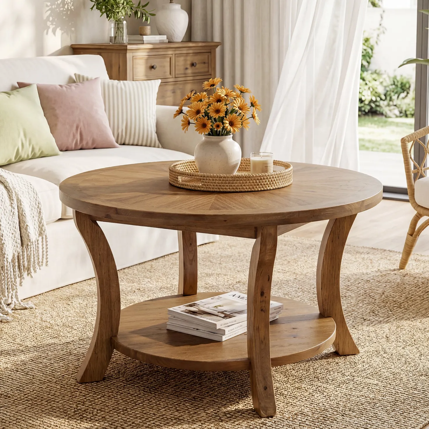 31.5" Round Coffee Table with Storage Shelf, Farmhouse Wooden Center Table for Living Room