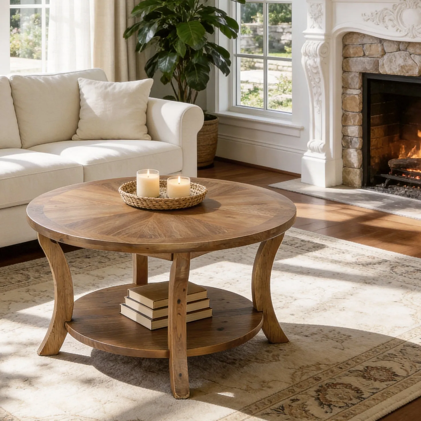 31.5" Round Coffee Table with Storage Shelf, Farmhouse Wooden Center Table for Living Room