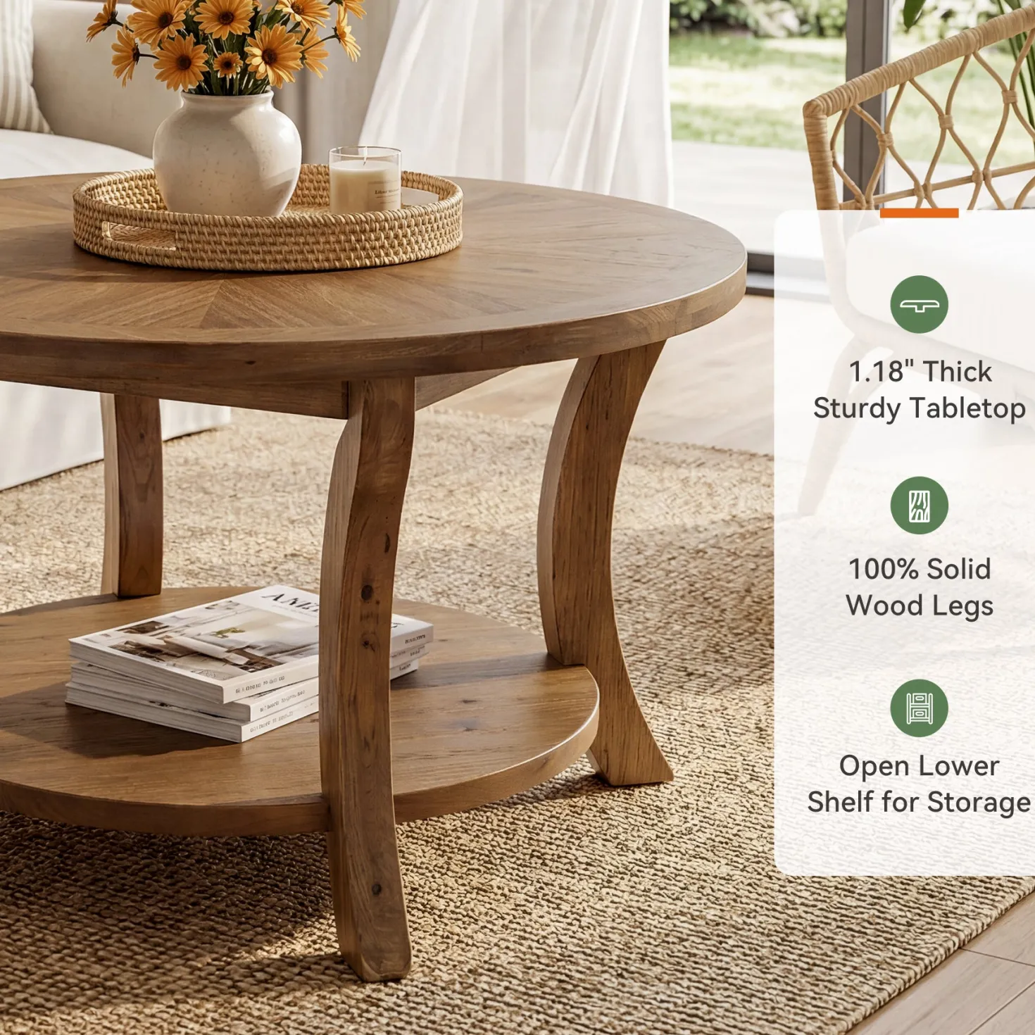 31.5" Round Coffee Table with Storage Shelf, Farmhouse Wooden Center Table for Living Room