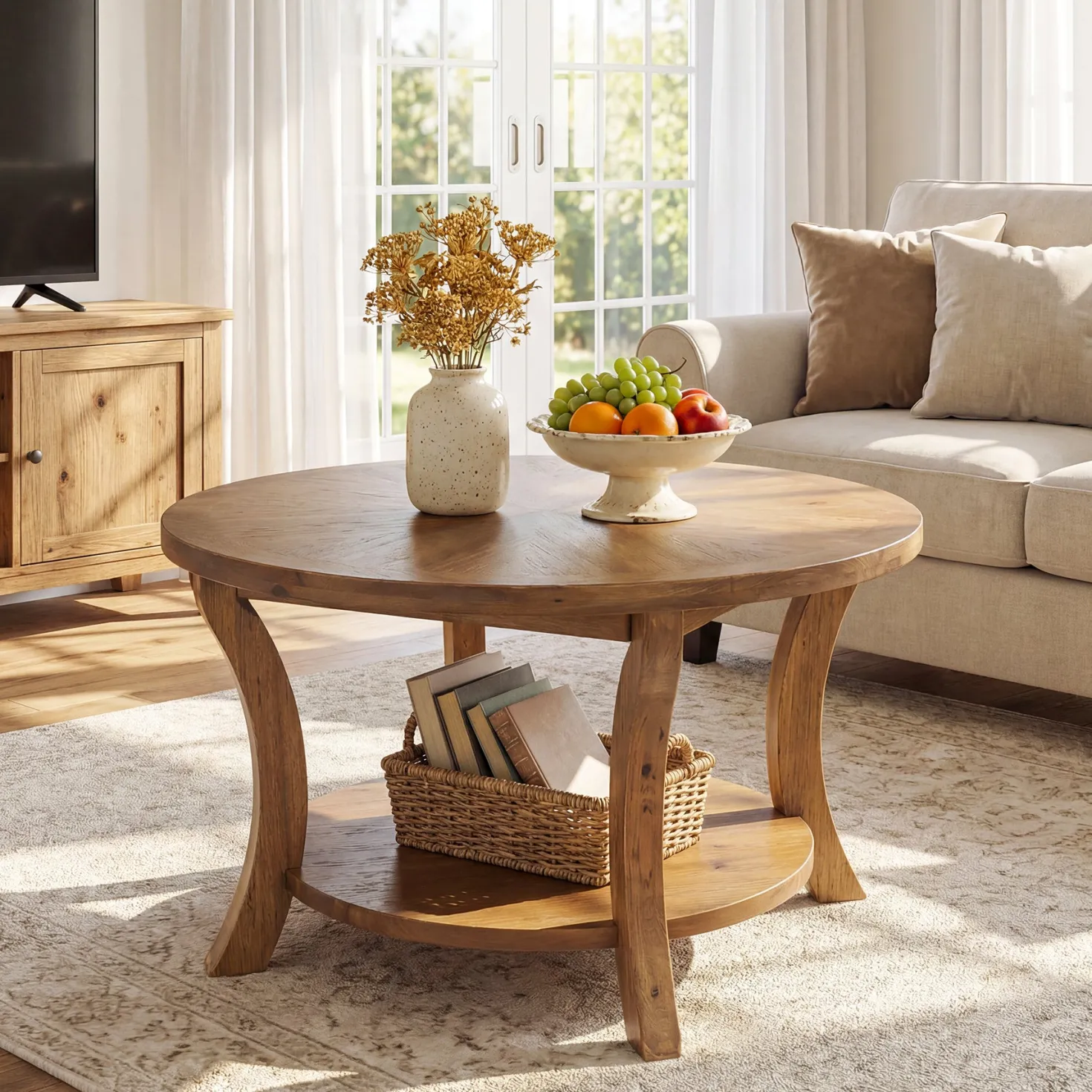 31.5" Round Coffee Table with Storage Shelf, Farmhouse Wooden Center Table for Living Room