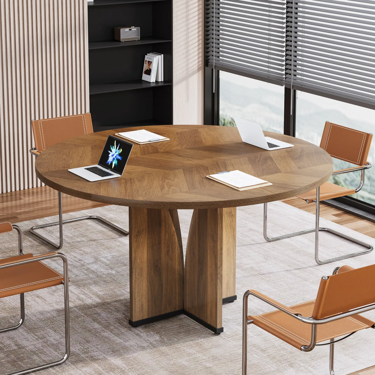 39" Round Conference Table for 4, Modern Meeting Table with Sturdy Base