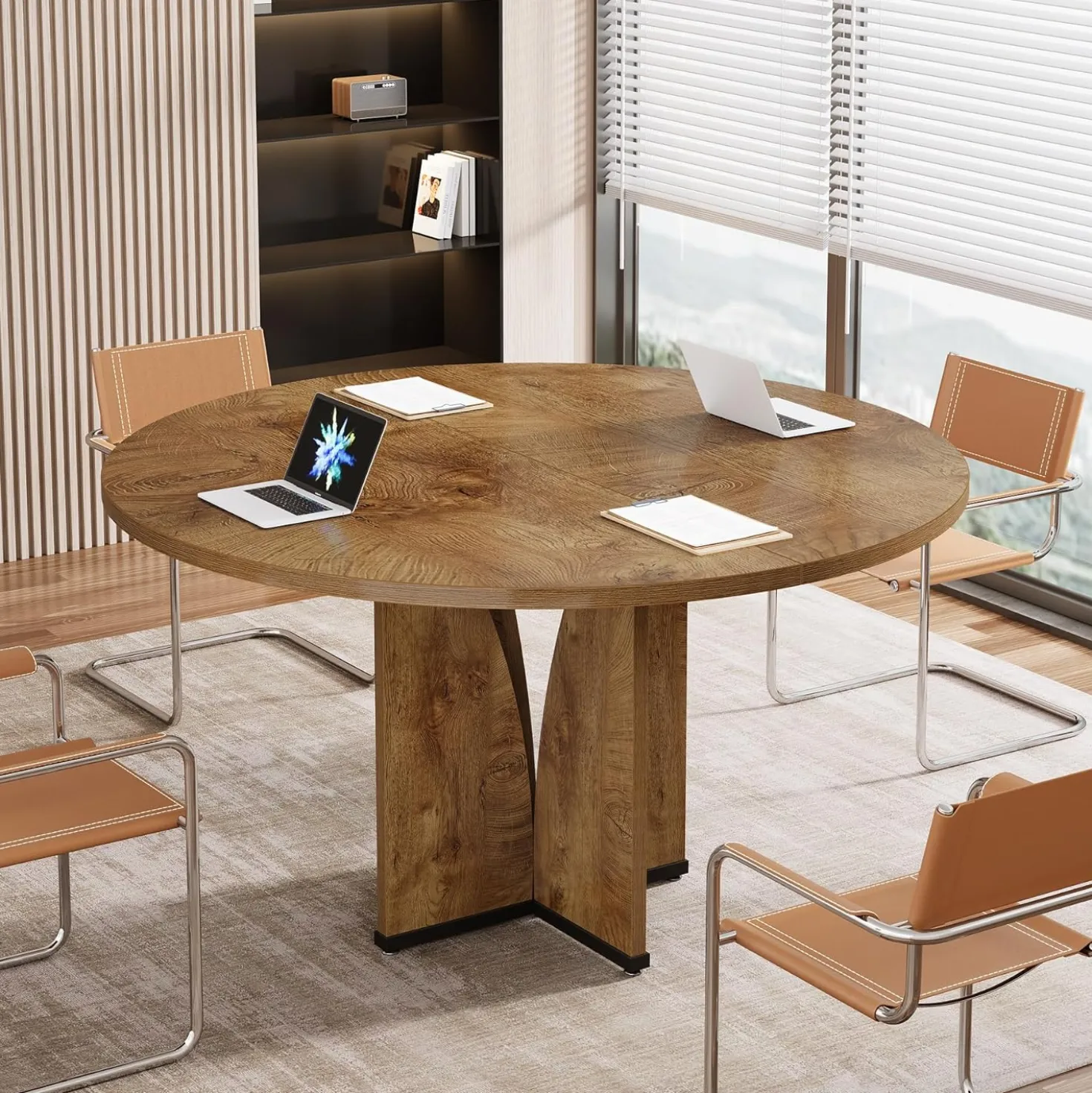 39" Round Conference Table for 4, Modern Meeting Table with Sturdy Base