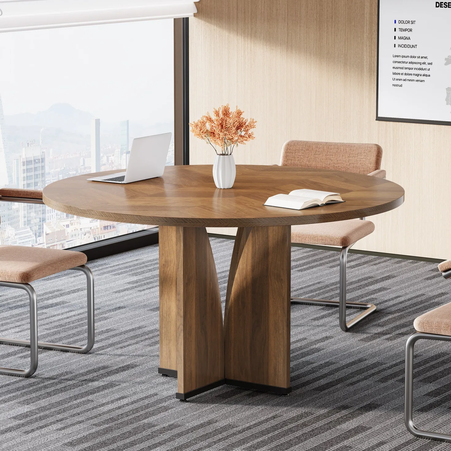 39" Round Conference Table for 4, Modern Meeting Table with Sturdy Base