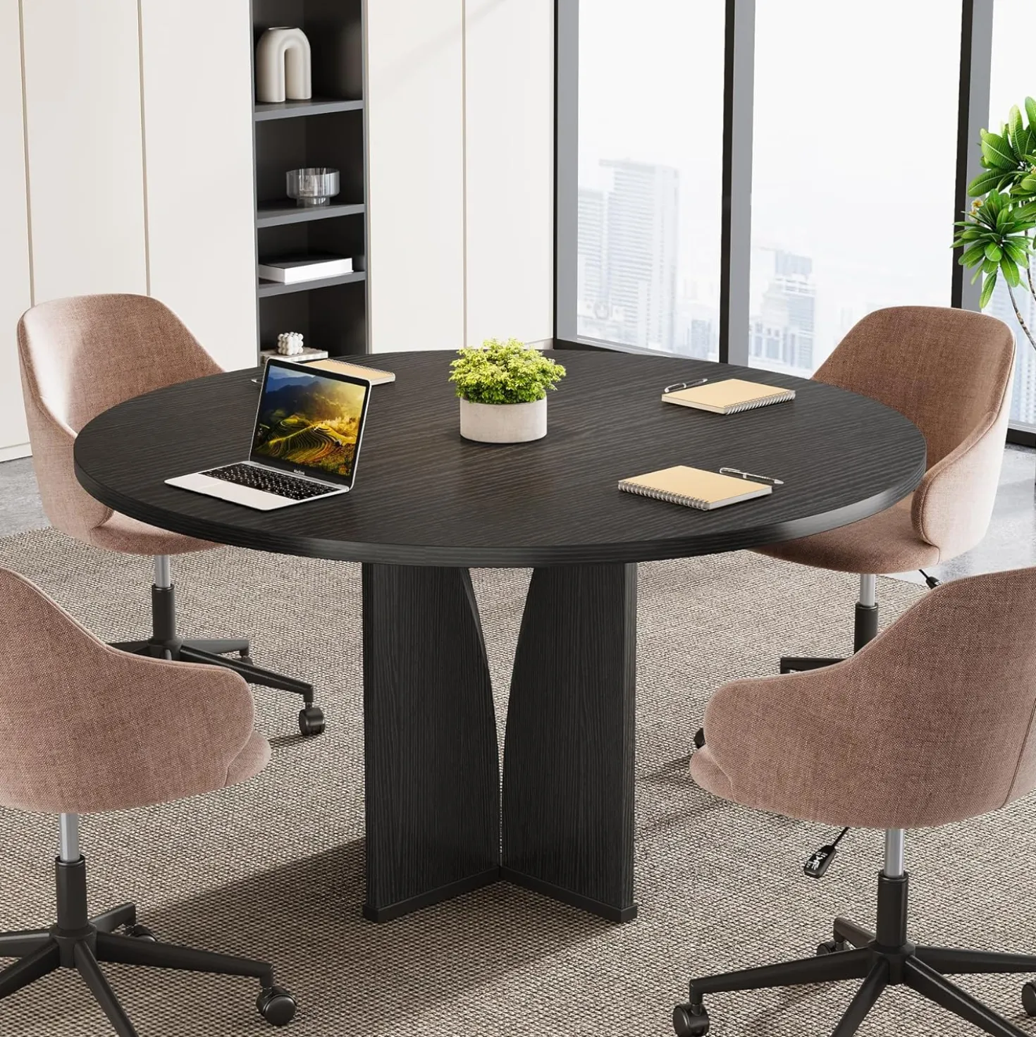 39" Round Conference Table for 4, Modern Meeting Table with Sturdy Base