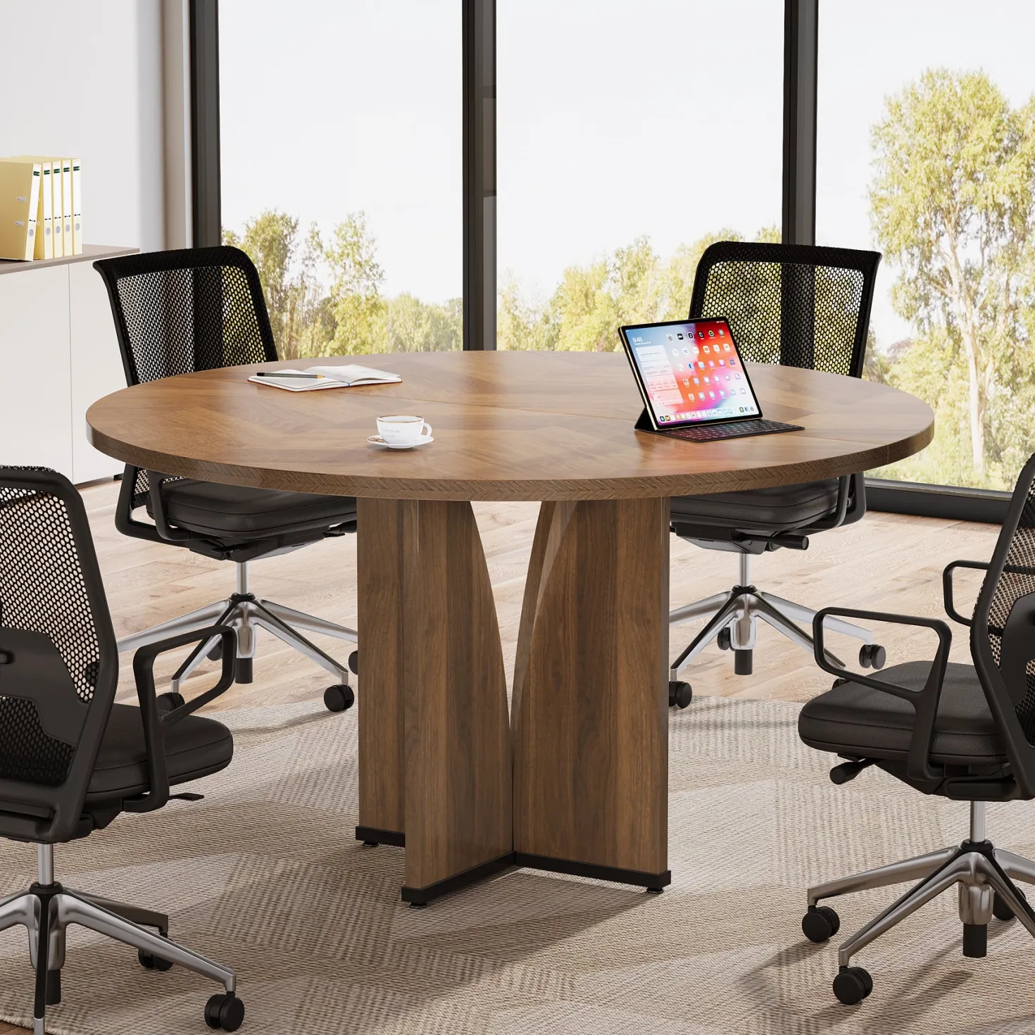 39" Round Conference Table for 4, Modern Meeting Table with Sturdy Base