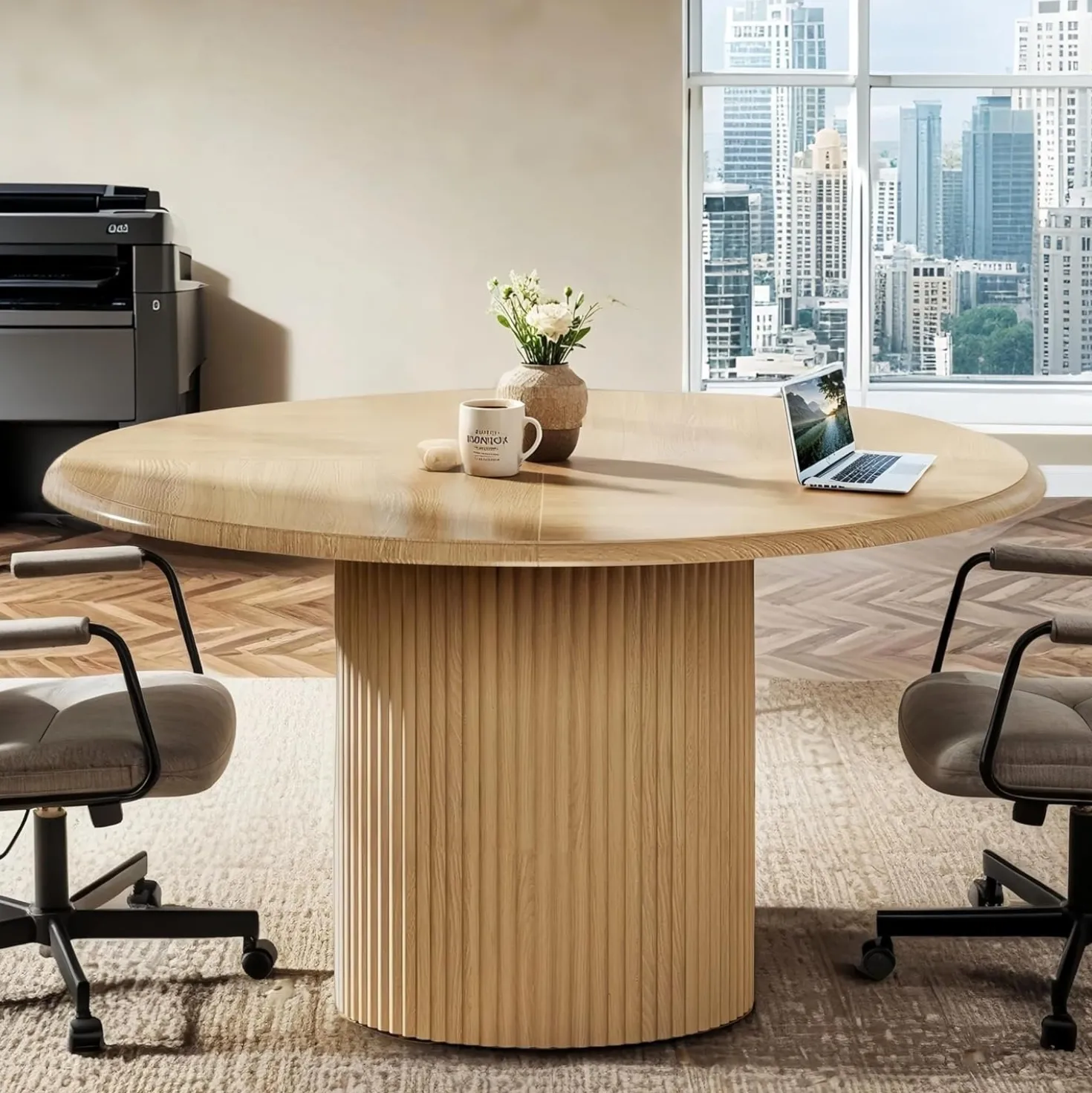47" Round Conference Table with Fluted Metal Base for 4-6 People