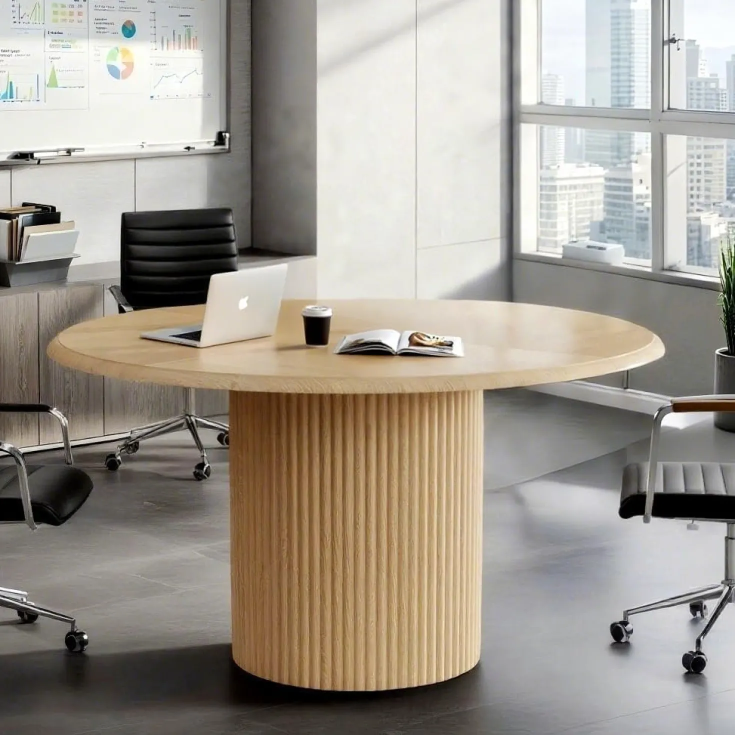 47" Round Conference Table with Fluted Metal Base for 4-6 People