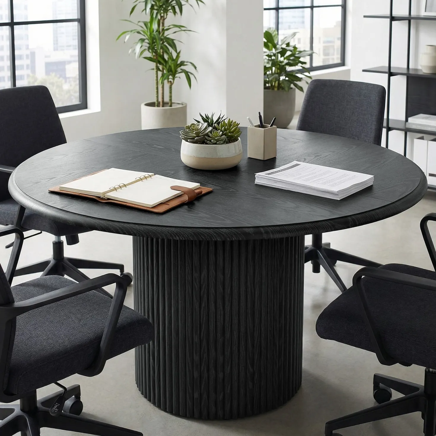 47" Round Conference Table with Fluted Metal Base for 4-6 People