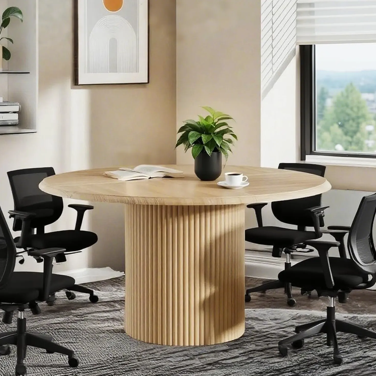 47" Round Conference Table with Fluted Metal Base for 4-6 People