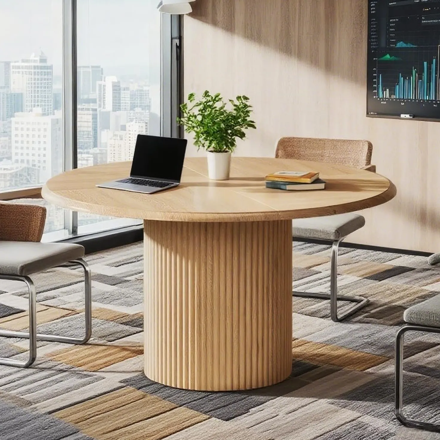 47" Round Conference Table with Fluted Metal Base for 4-6 People