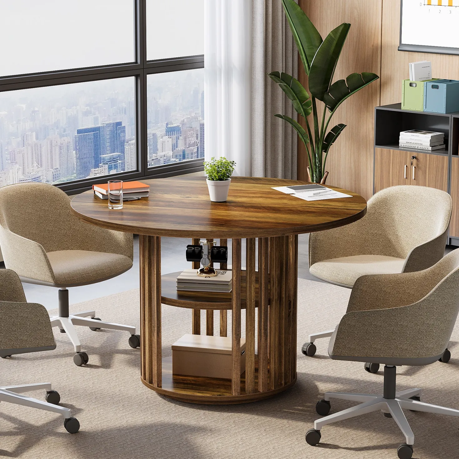 47" Round Conference Table, Wooden Small Meeting Room Table for 4