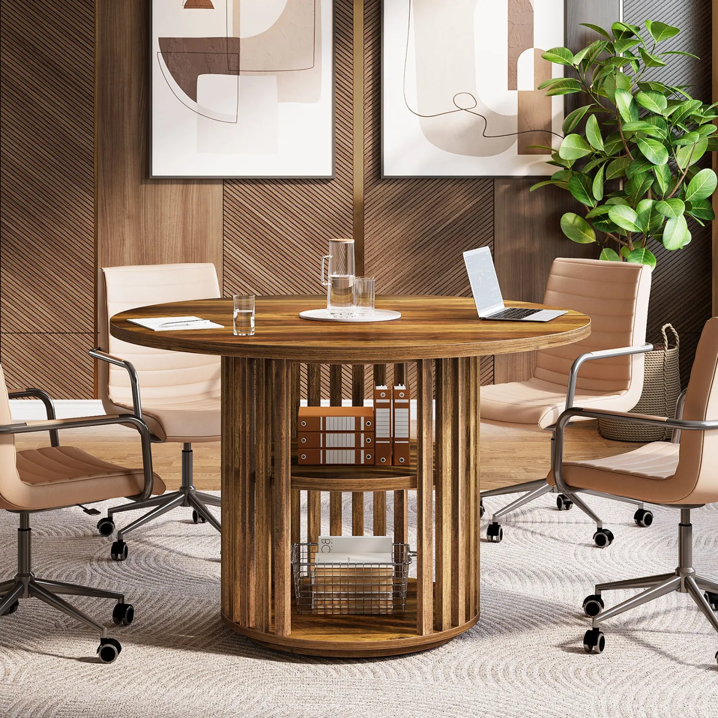 47" Round Conference Table, Wooden Small Meeting Room Table for 4