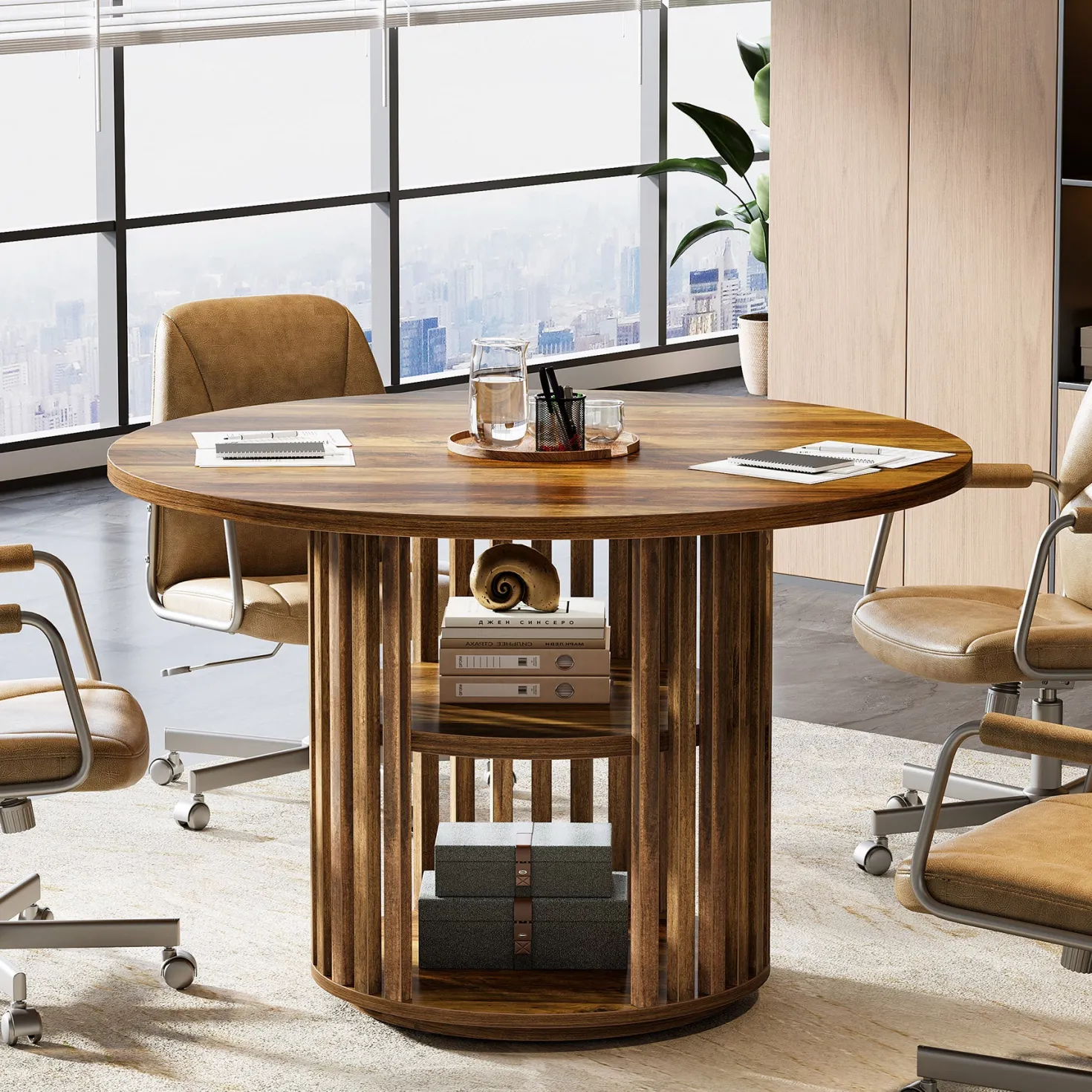 47" Round Conference Table, Wooden Small Meeting Room Table for 4
