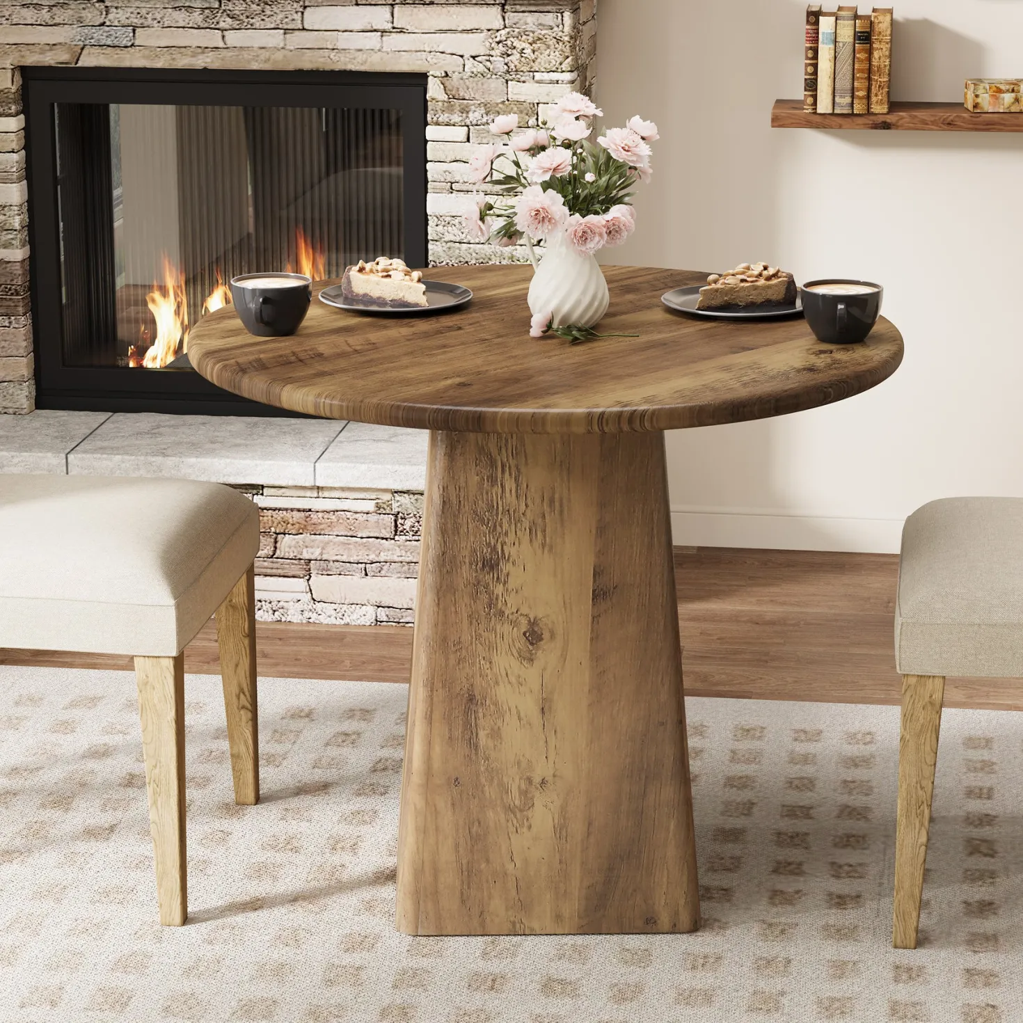 31.5" Round Dining Room, Farmhouse Kitchen Dinner Table with Square Base for 2-4