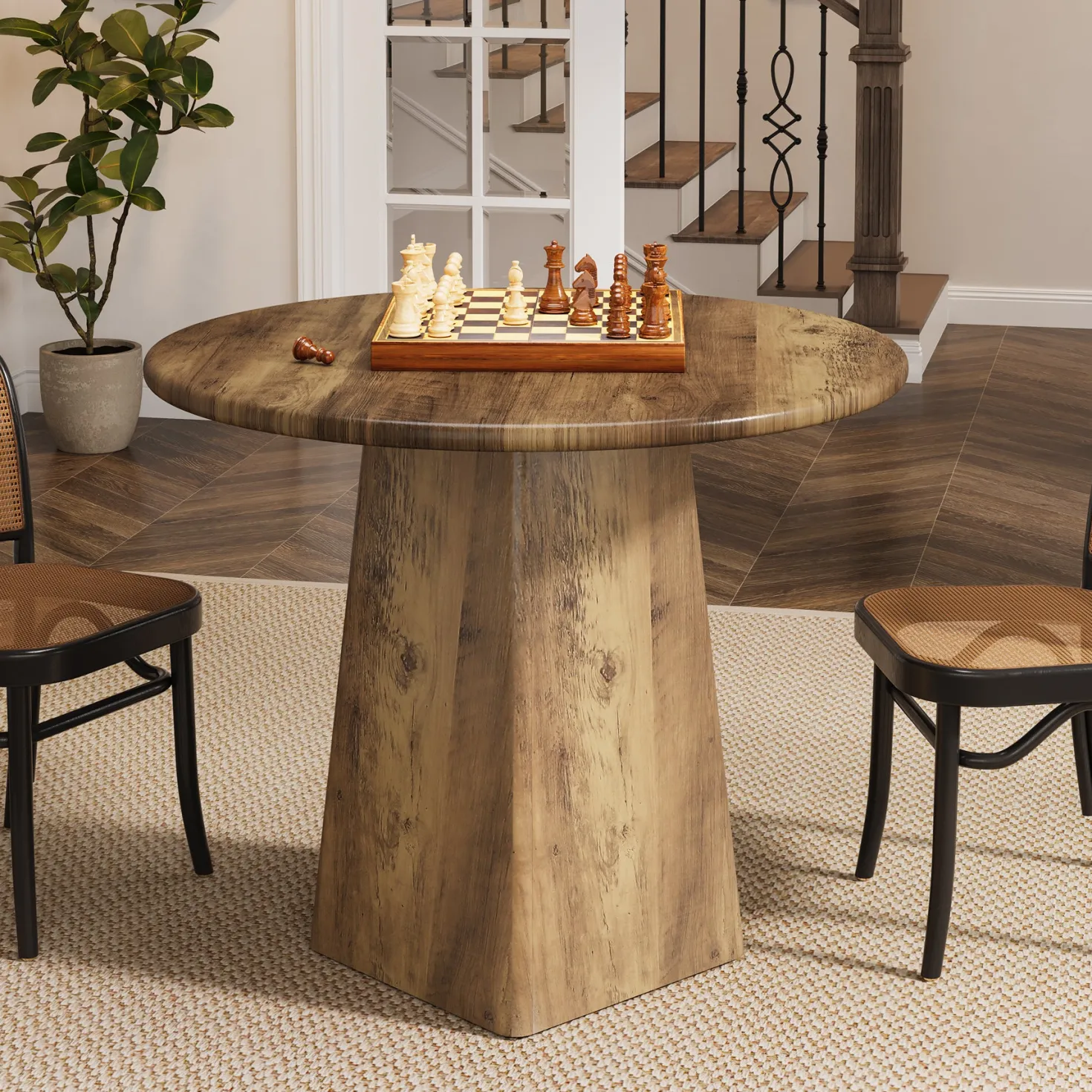 31.5" Round Dining Room, Farmhouse Kitchen Dinner Table with Square Base for 2-4