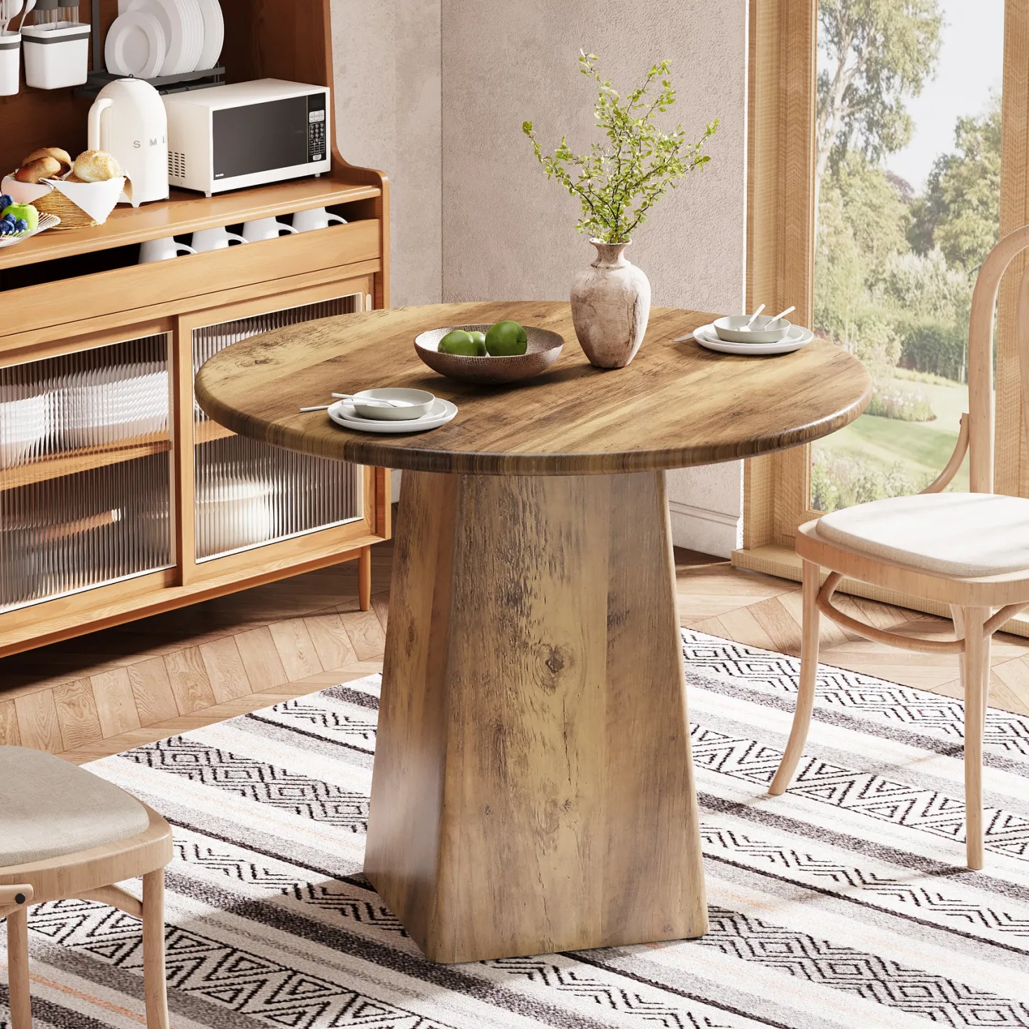 31.5" Round Dining Room, Farmhouse Kitchen Dinner Table with Square Base for 2-4