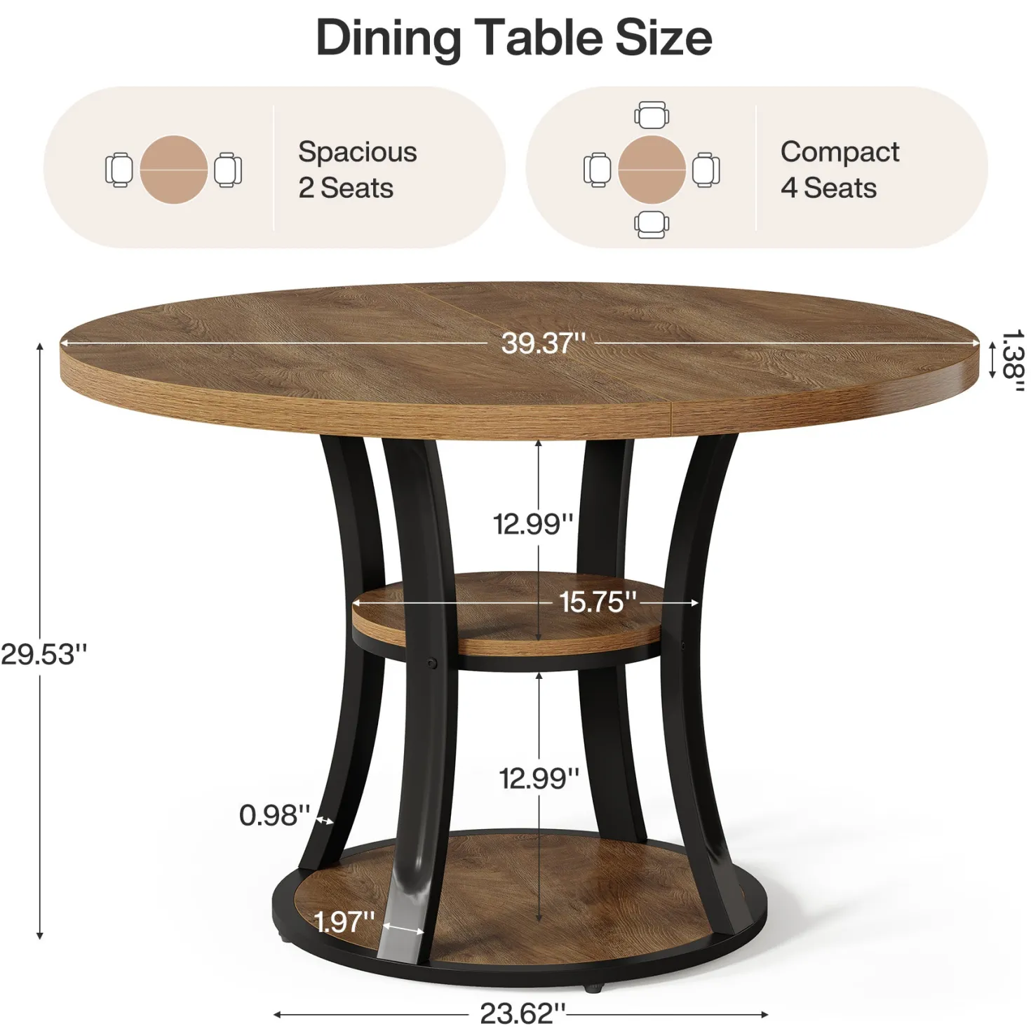 39.37" Round Dining Table, Farmhouse Kitchen Table with Storage for 4 People