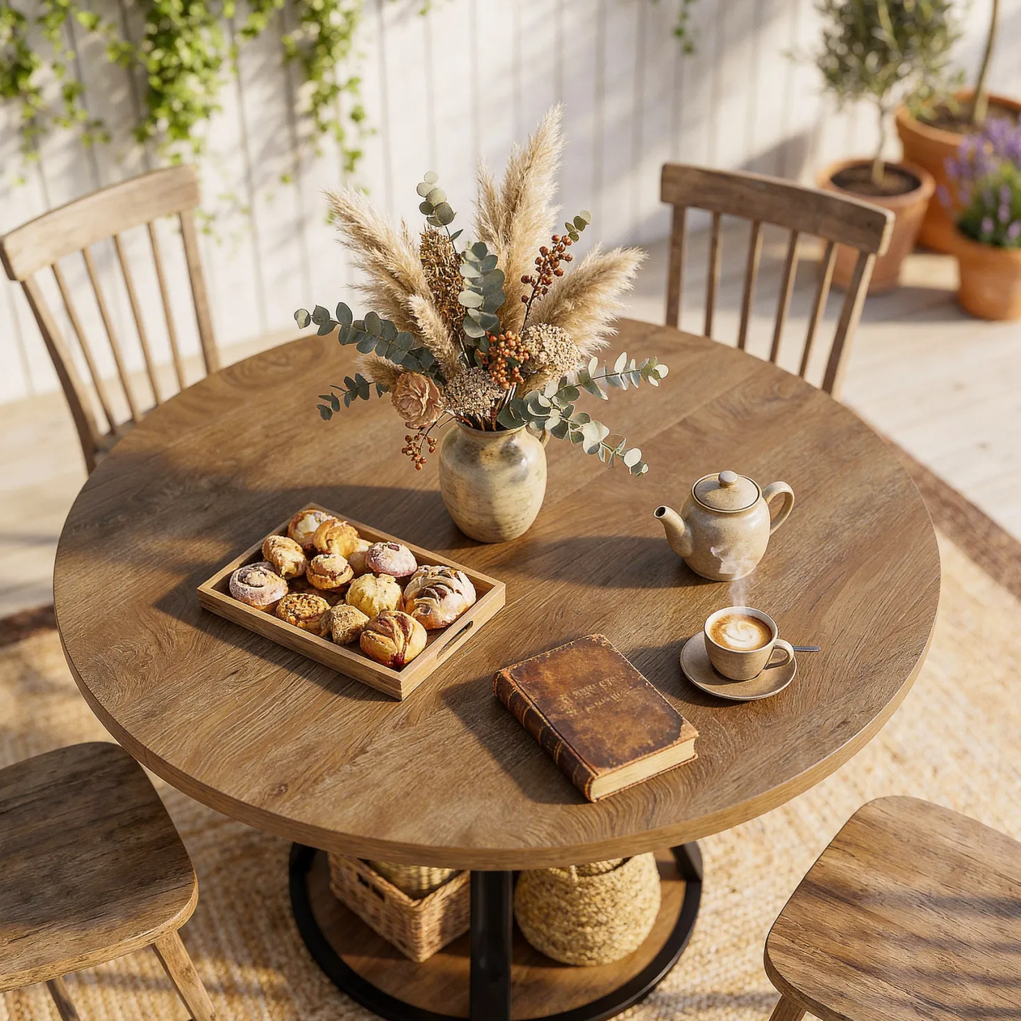 39.37" Round Dining Table, Farmhouse Kitchen Table with Storage for 4 People