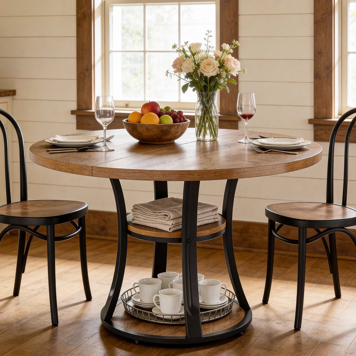 39.37" Round Dining Table, Farmhouse Kitchen Table with Storage for 4 People